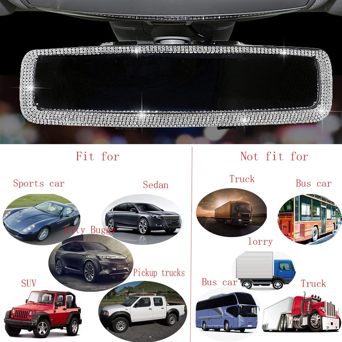 Rhinestone Car Rear View Mirror with Crystal Diamonds Rhinestones Cars Rear View Mirrors for Women,Car Interior Trim. (Sliver)