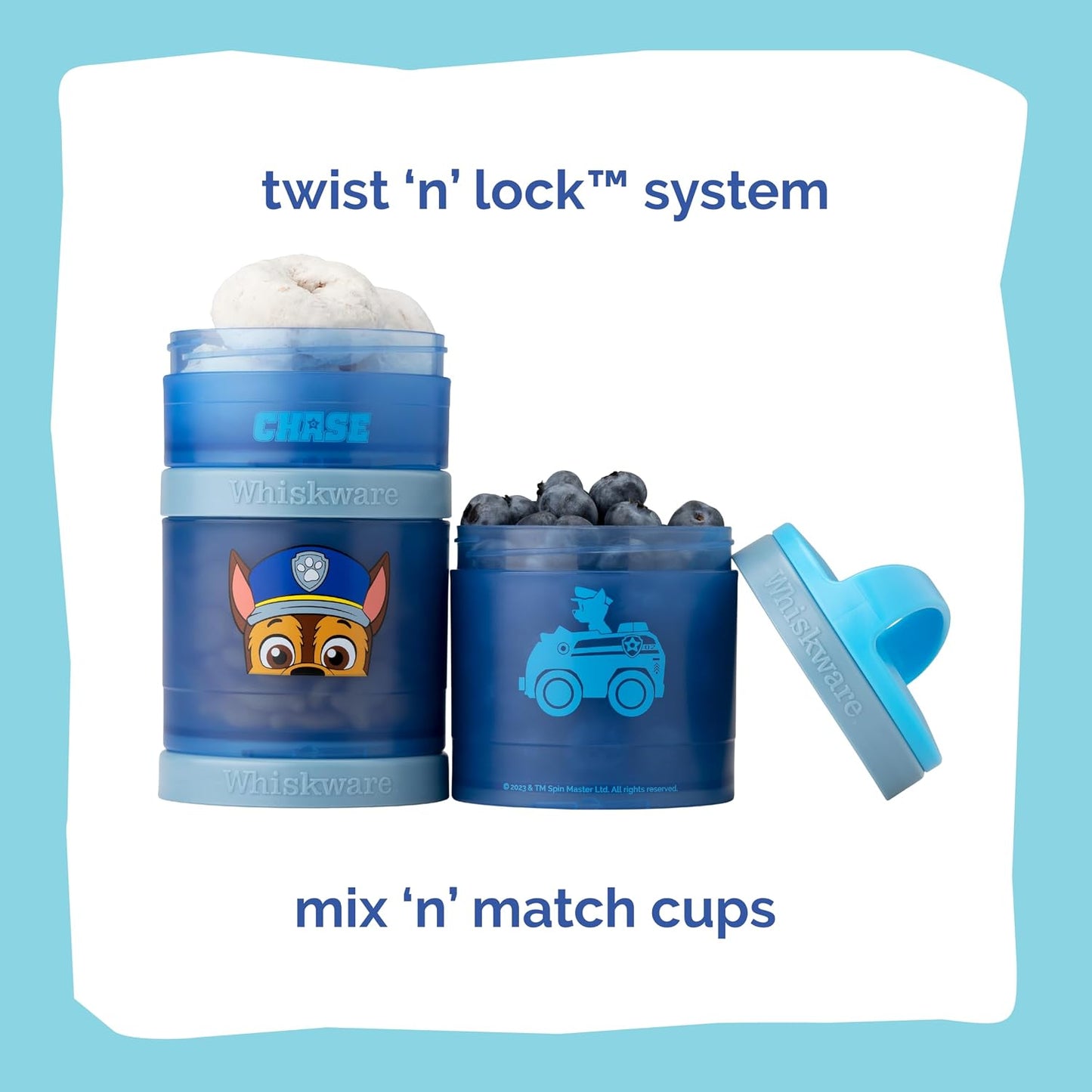 Whiskware Paw Patrol Stackable Snack Containers for Infants, Kids, and Toddlers, Durable Food Storage Containers for Daycare, Car, and Airplane Travel, Dishwasher Safe, Chase