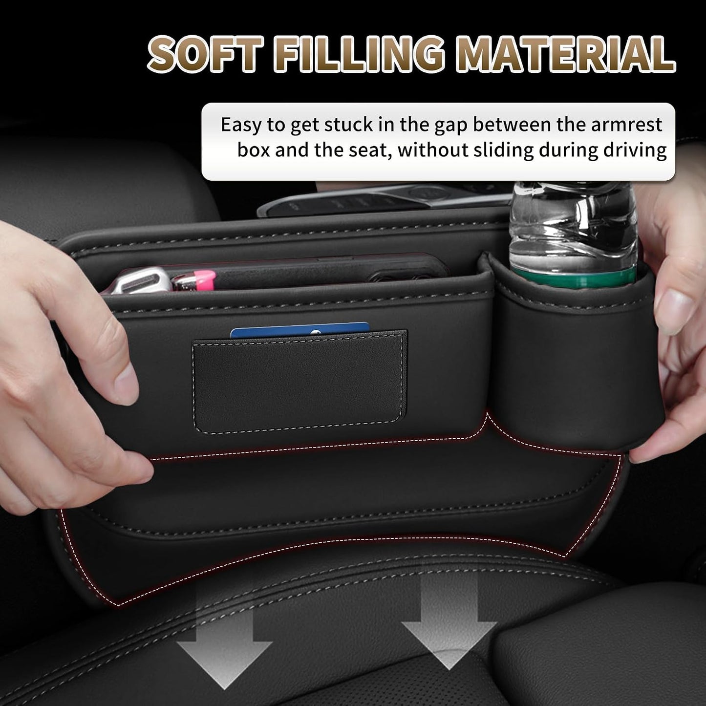Kwak's Car Seat Gap Filler 2 Pack PU Leather Organizer with Cup Holder | Fits gaps 0.2–1.2 inches| Blocks Dropped Items | Holds Cups Up To 2.8"| Tool-free Install | Easy to Wipe Clean