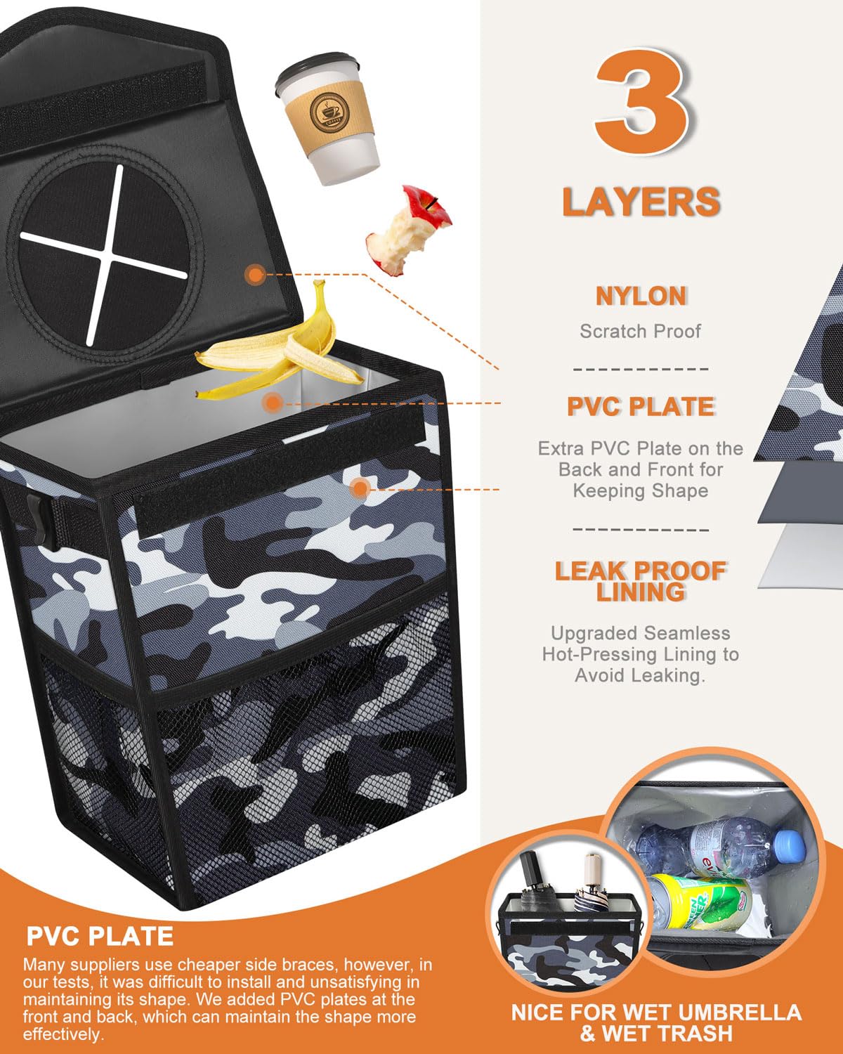 Pritent Car Trash Can with Lid, Cute Leakproof Car Trash Garbage Bag Hanging Vehicle Trash Bin Small Portable Automotive Garbage Cans Organizer for Back/Front Seat/Console(Trapezoid,Camo Grey)