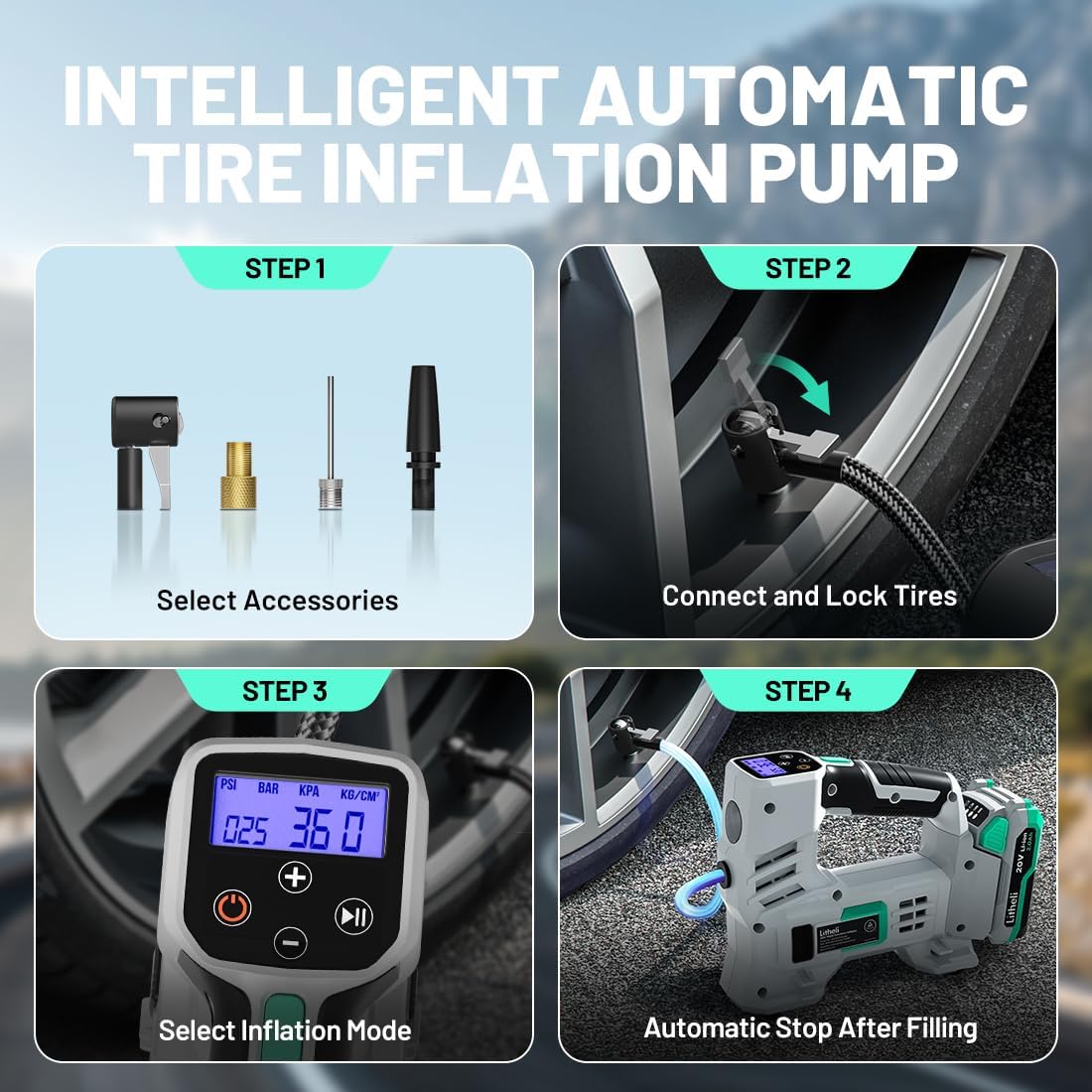 Litheli Tire Inflator Air Compressor, 20V Cordless Car Tire Pump with Digital Pressure Gauge 150PSI for Car Tire, Bike, Sport Ball, 2.0 Ah Battery & Charger