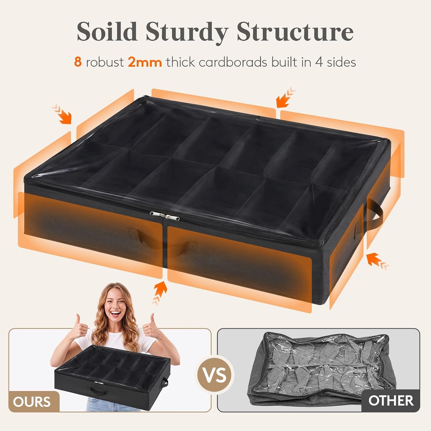 Lifewit Under Bed Shoe Storage Organizer 2 Pack(12 Shoes Cells), 4.3 Inches Profile Fabric Shoes Container Box with Clear Cover, Foldable Storage Bag with 2 Handles, Fits 12 to 24 Pairs