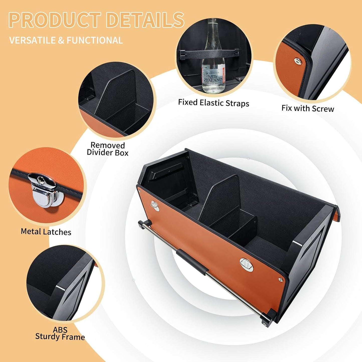 XCF Car Trunk Organizer for SUV, Collapsible Leather Car Storage Trunk Organizer with Lid and Sturdy Handle Car Trunk Leather Storage Box (Orange, 27.1 x 11.4 x 12.2in)