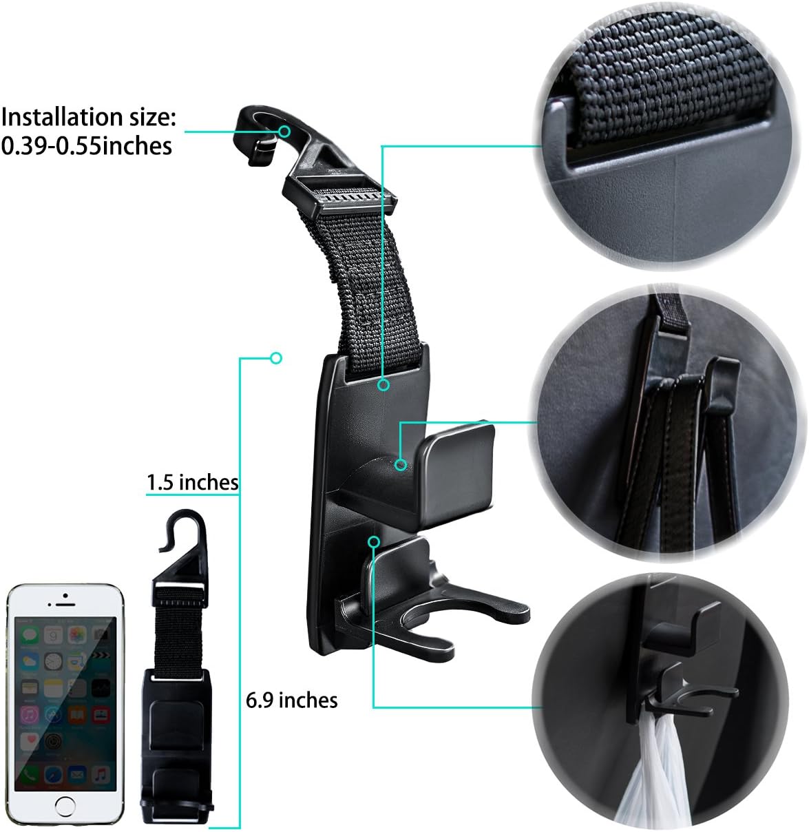 Magic Headrest Hooks for Car, Purse Hanger Headrest Hook Holder for Car Seat Organizer Behind Over the Seat Car Hooks-Hang Purse or Grocery Bags,Black,4Pack