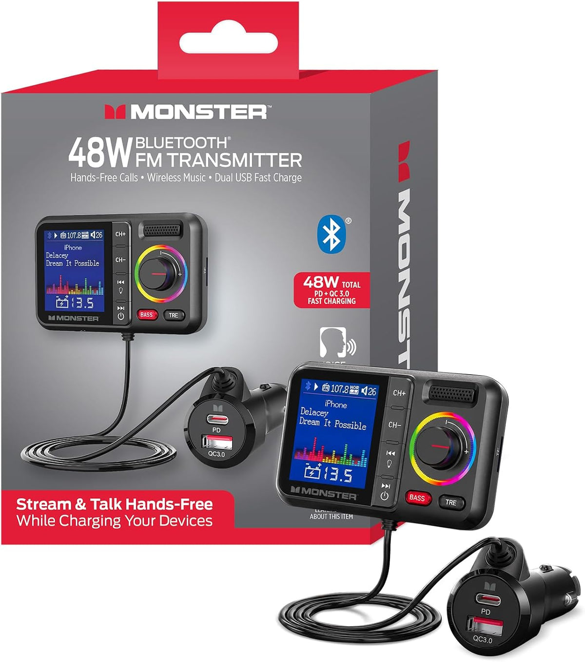 Monster 48W Bluetooth FM Transmitter for Car, Bluetooth Car Adapter with Dual Fast Charger (PD 30W USB-C + QC3.0 USB-A), Car Battery Voltage Display, Hands-Free Calls, Vent Mount, Black