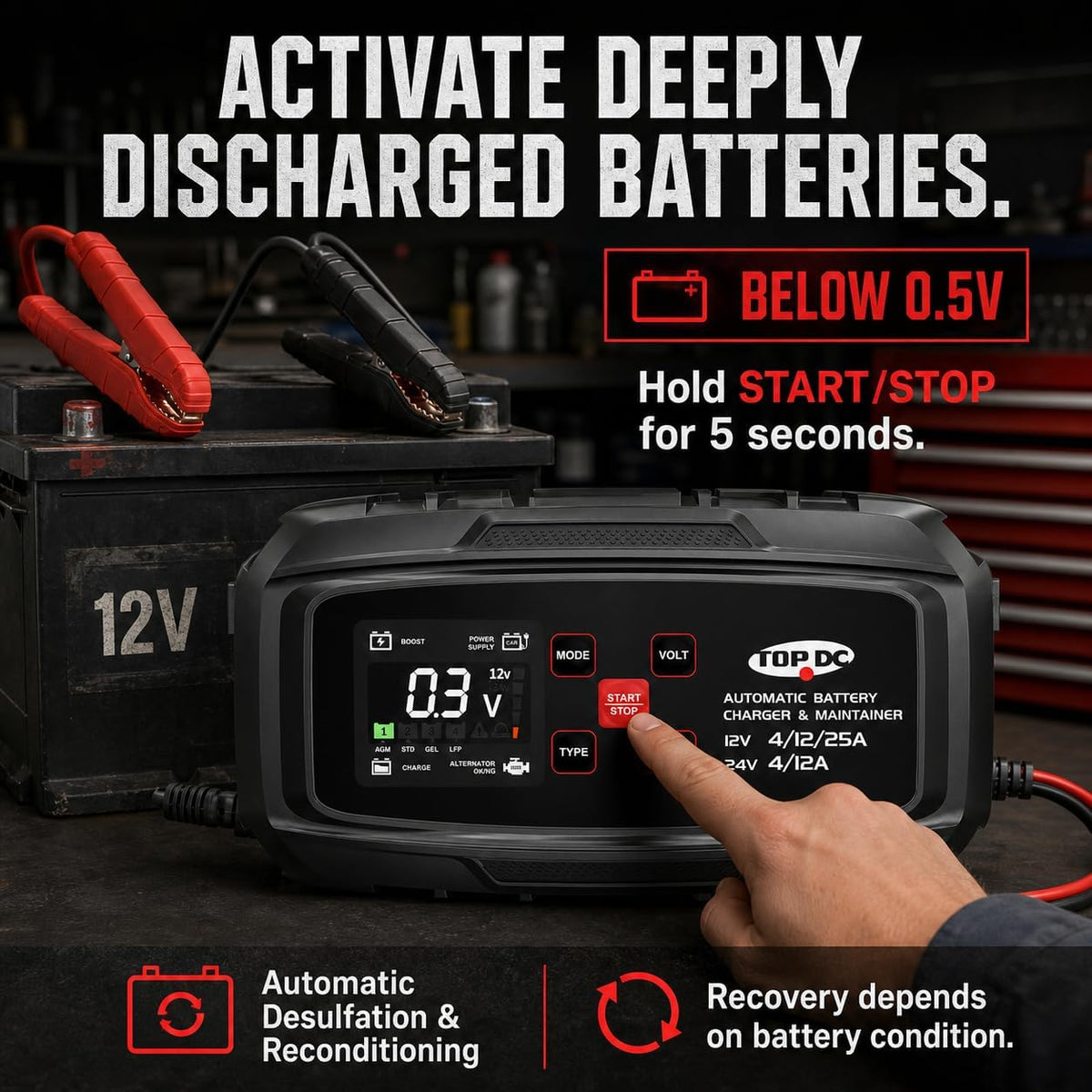 TOPDC 25A 12V/24V Smart Battery Charger & Maintainer for Lead-Acid/LFP