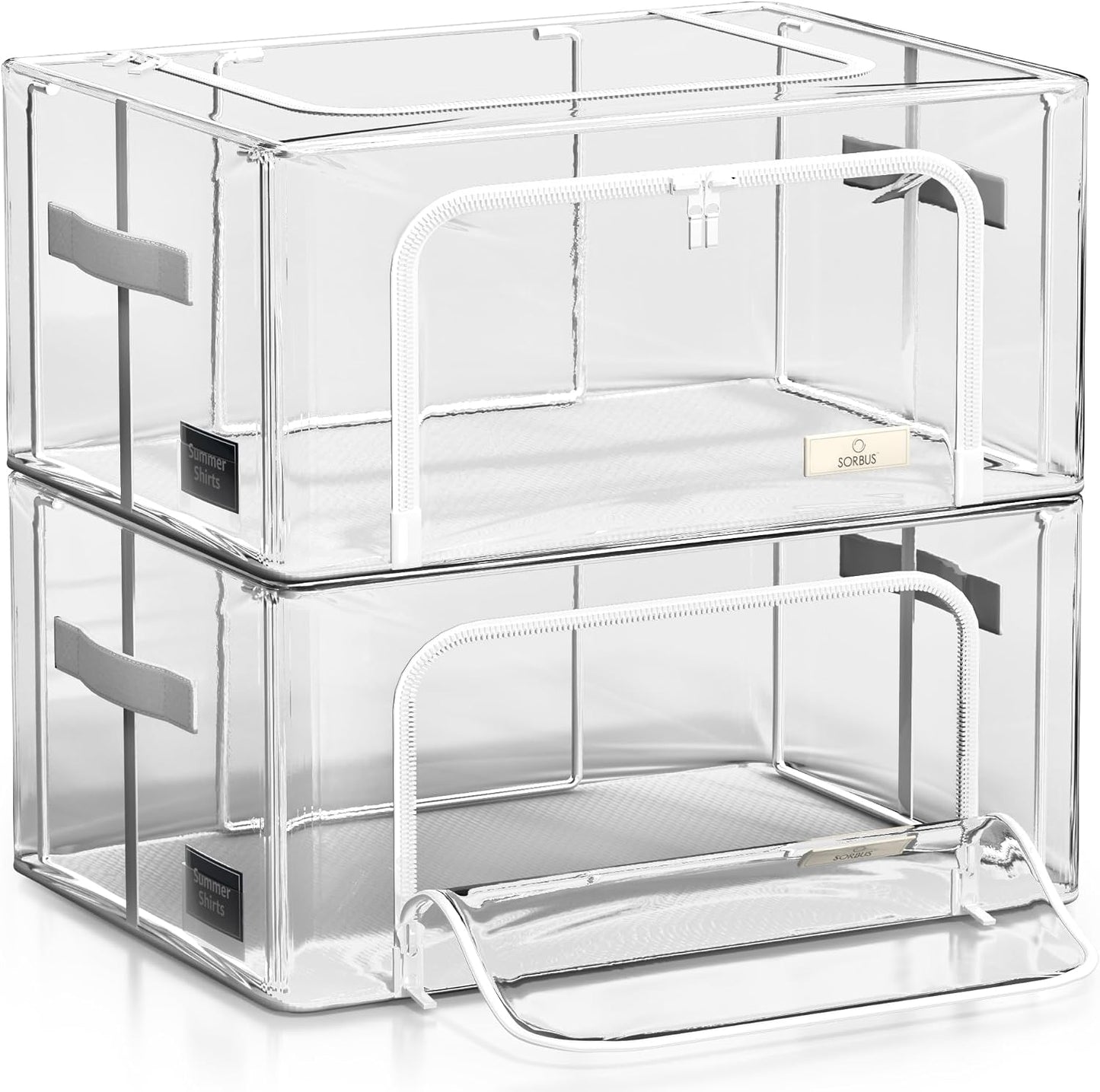 Sorbus Storage Bins with Metal Frame - Stackable & Foldable Clothes Organizer Bags - Clear Soft Plastic Storage Containers (2 Pack, Small)