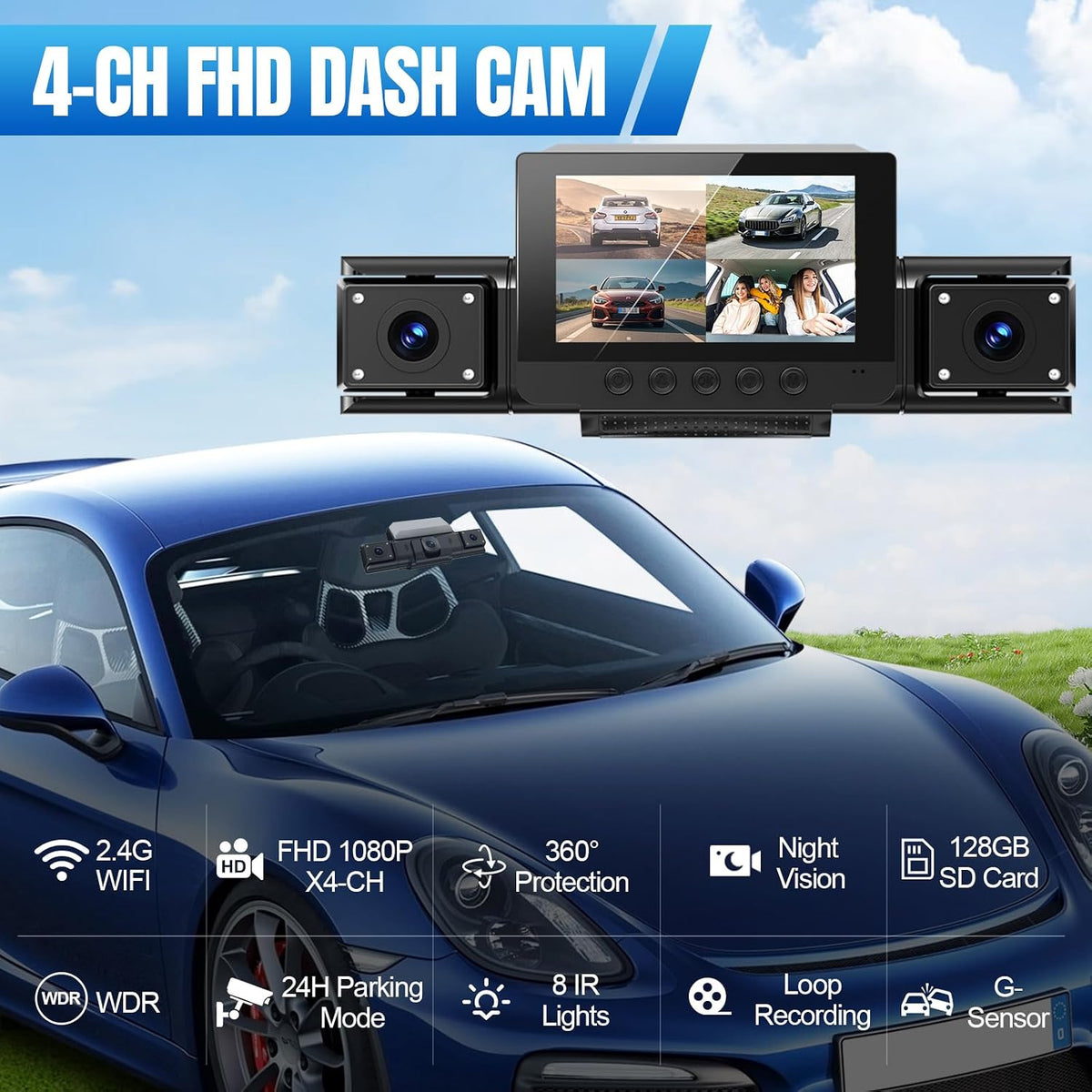 4 Channel 360° Dash Cam Front and Rear, 128GB Card, WiFi App Control, WDR