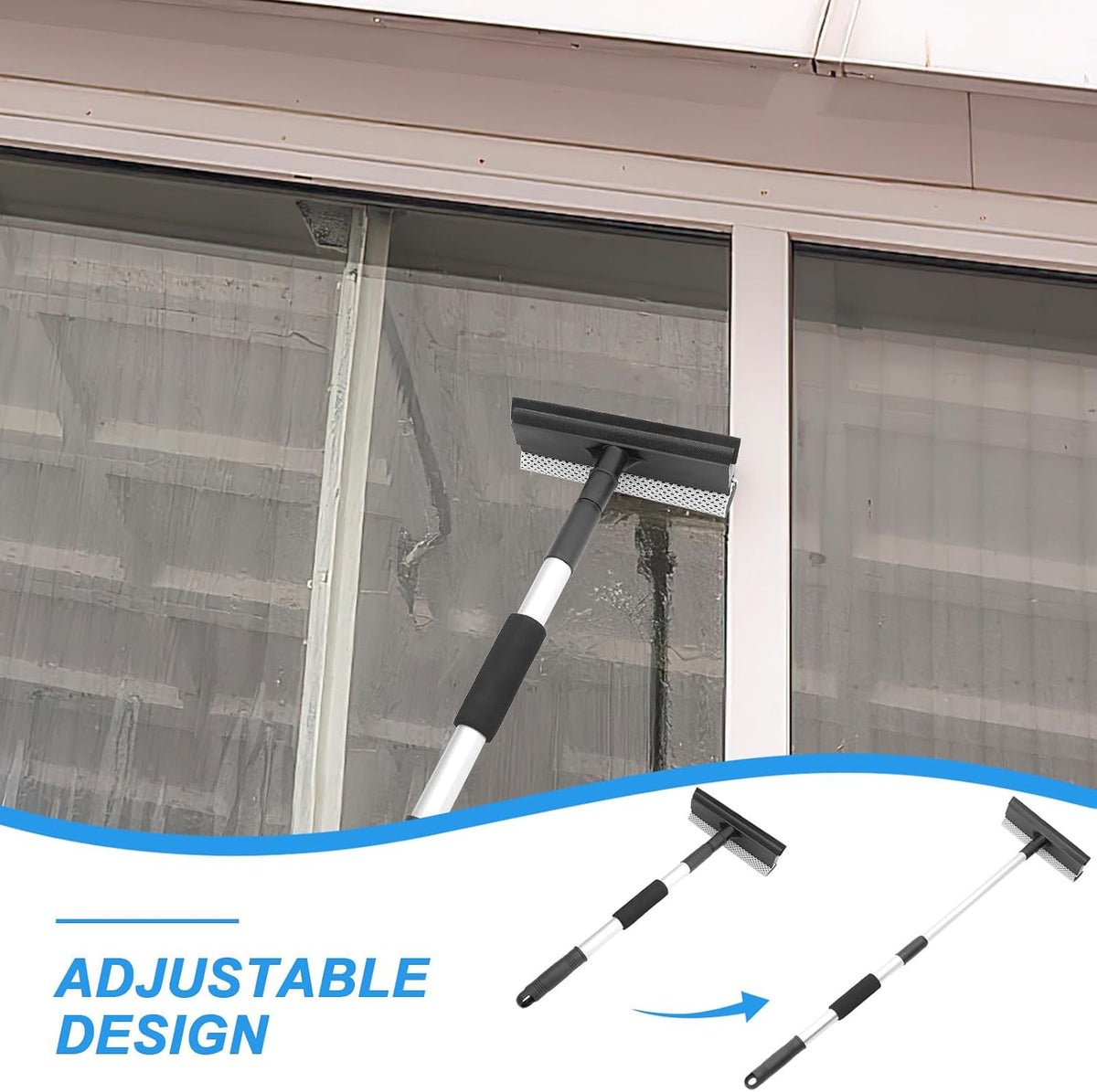 Veemoon Professional Stainless Steel Telescopic Handle Window Squeegee with Double-Sided Glass Scrubber for Car and Home Cleaning, Adjustable Length Car Windshield Cleaner Tool