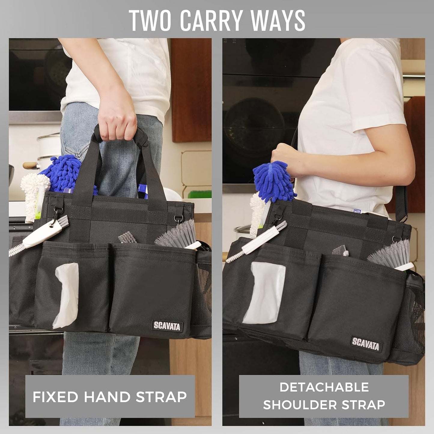 SCAVATA Compact Wearable Cleaning Caddy, Small Supplies Organizer with Handle & Shoulder Straps for Housekeepers, Under Sink & Car Cleaning Tool Organizer Bag (Black)