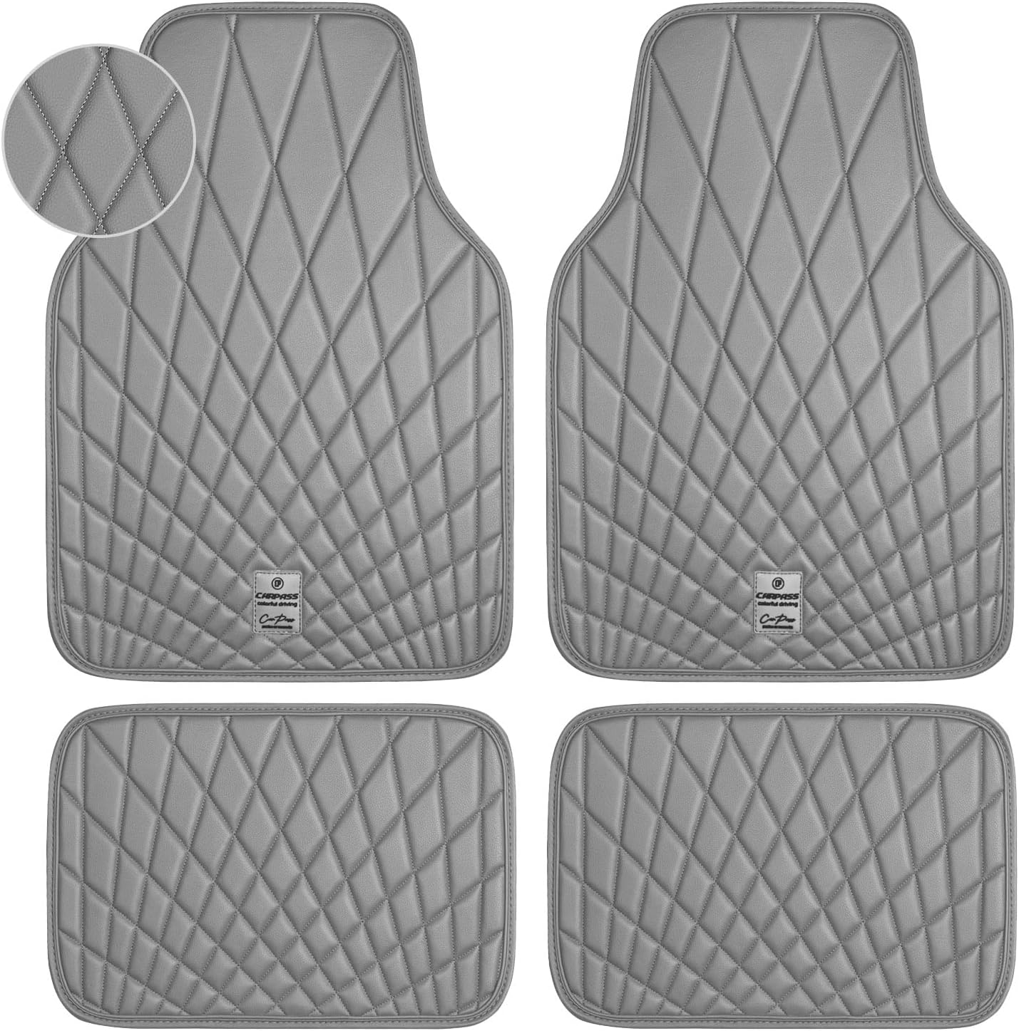 CAR PASS Luxury Faux Leather Floor Mats for Cars, Waterproof All Weather Car Mats Full Set, Anti-Slip Deluxe Automotive Floor Mats Universal Fit for Most SUV,Vans,Sedans,Trucks, 4 Piece Gray
