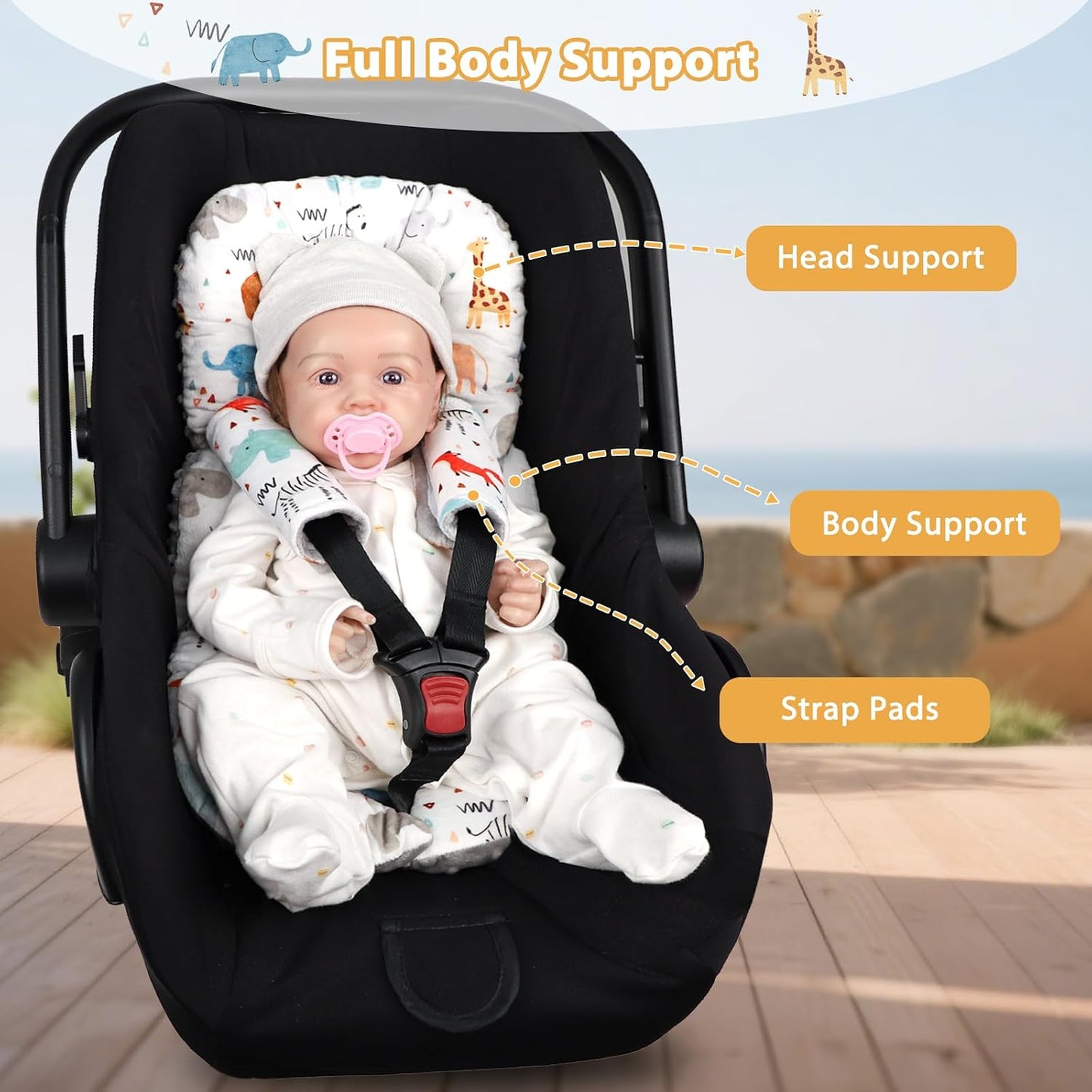 Infant Car Seat Insert, Car Seat Head Support Baby with 2 Covers, Ultra-Soft Newborn Carseat Insert, Perfect for Car Seat, Stroller, Swing, Animals
