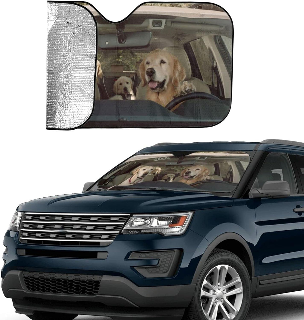 Two Dogs Driving Car Front Windshield Sun Shade,Auto Sunshade for Car Truck SUV - Blocks Uv Rays Sun Visor Protector (51" X 27.5"Inch,Upgrade Hardened)