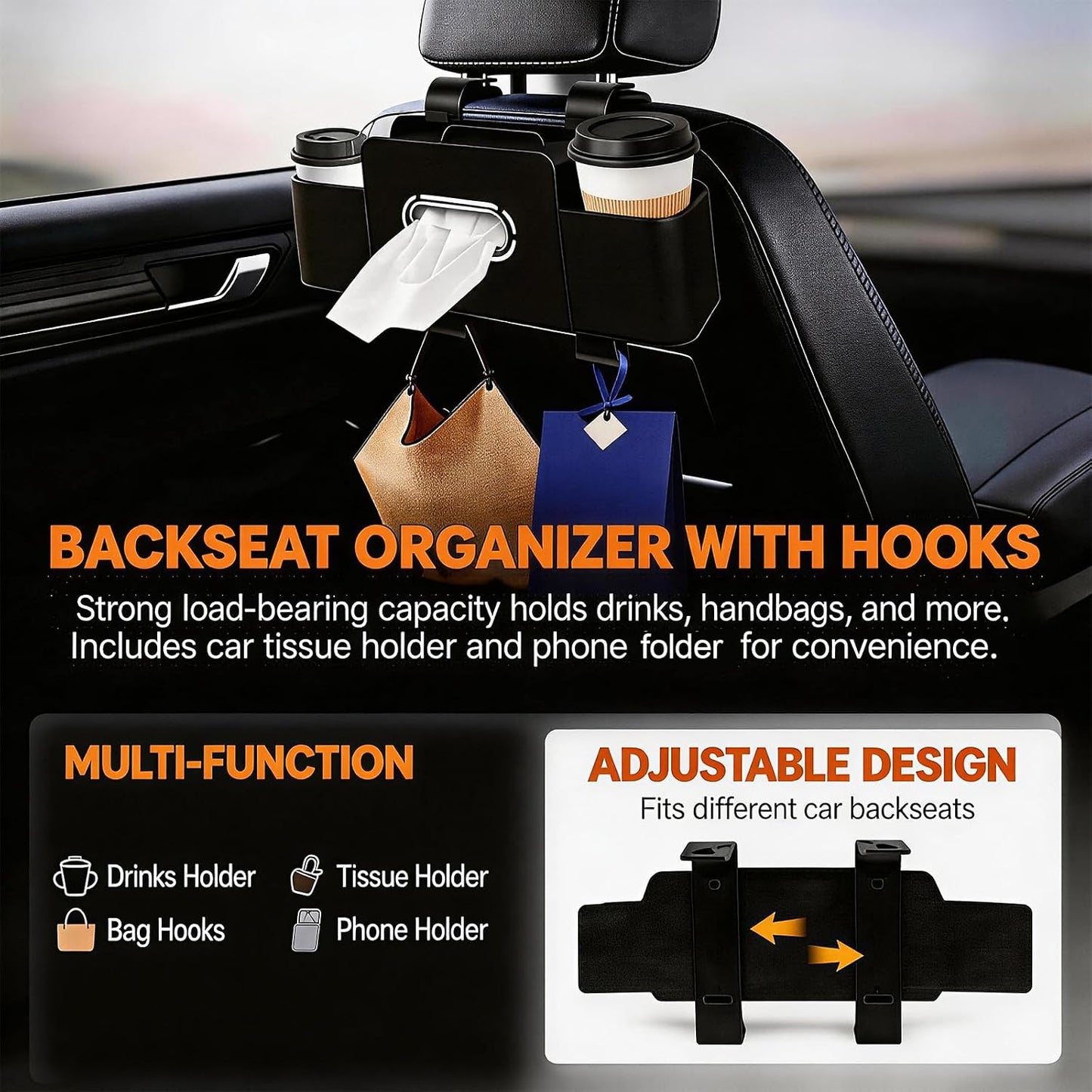 Car Organizer and Storage Box, Multifunctional Car Organizer Back Seat, Large Capacity Car Organizers and Storage Box for Phone, Drinks, Handbag, Travel Use, Compatible with Most Vehicles (Black)