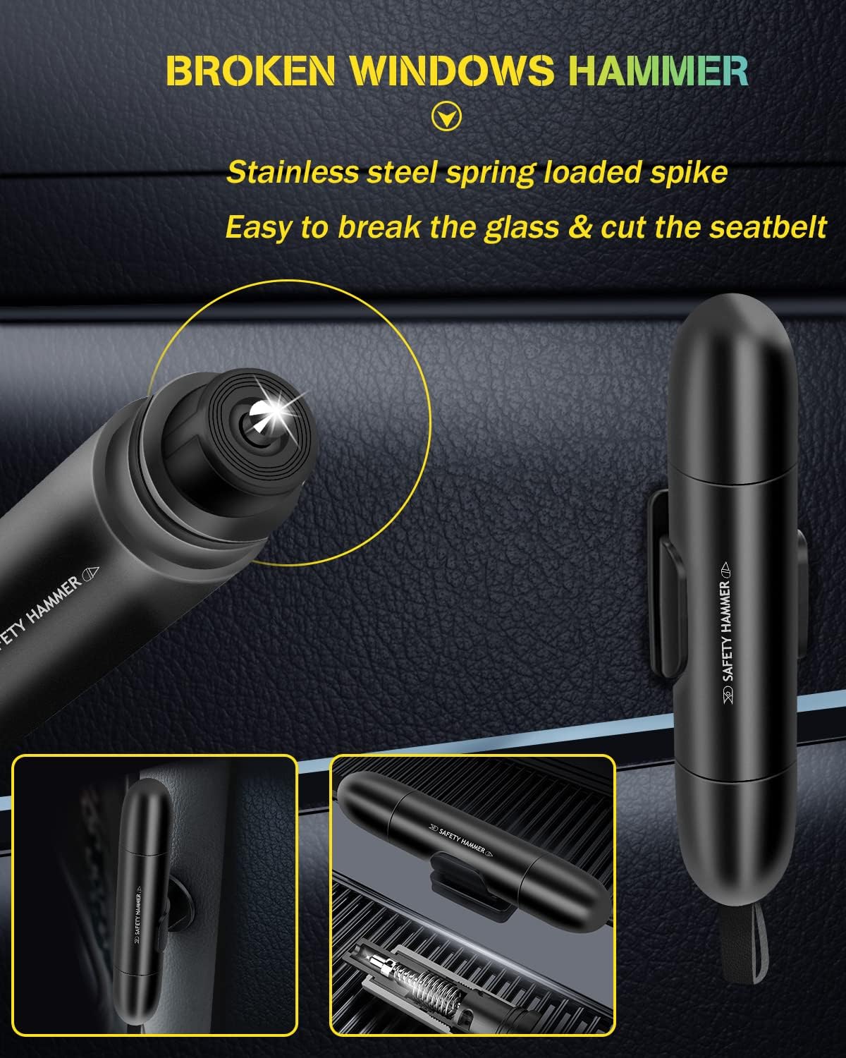 2 Pack Safety Hammer Emergency Car Glass Window Punch Breaker and Seatbelt Cutter, Multifunctional Portable Venicle Eascape Glass Breaker Tool with Seatbelt Cutter(Black*2)