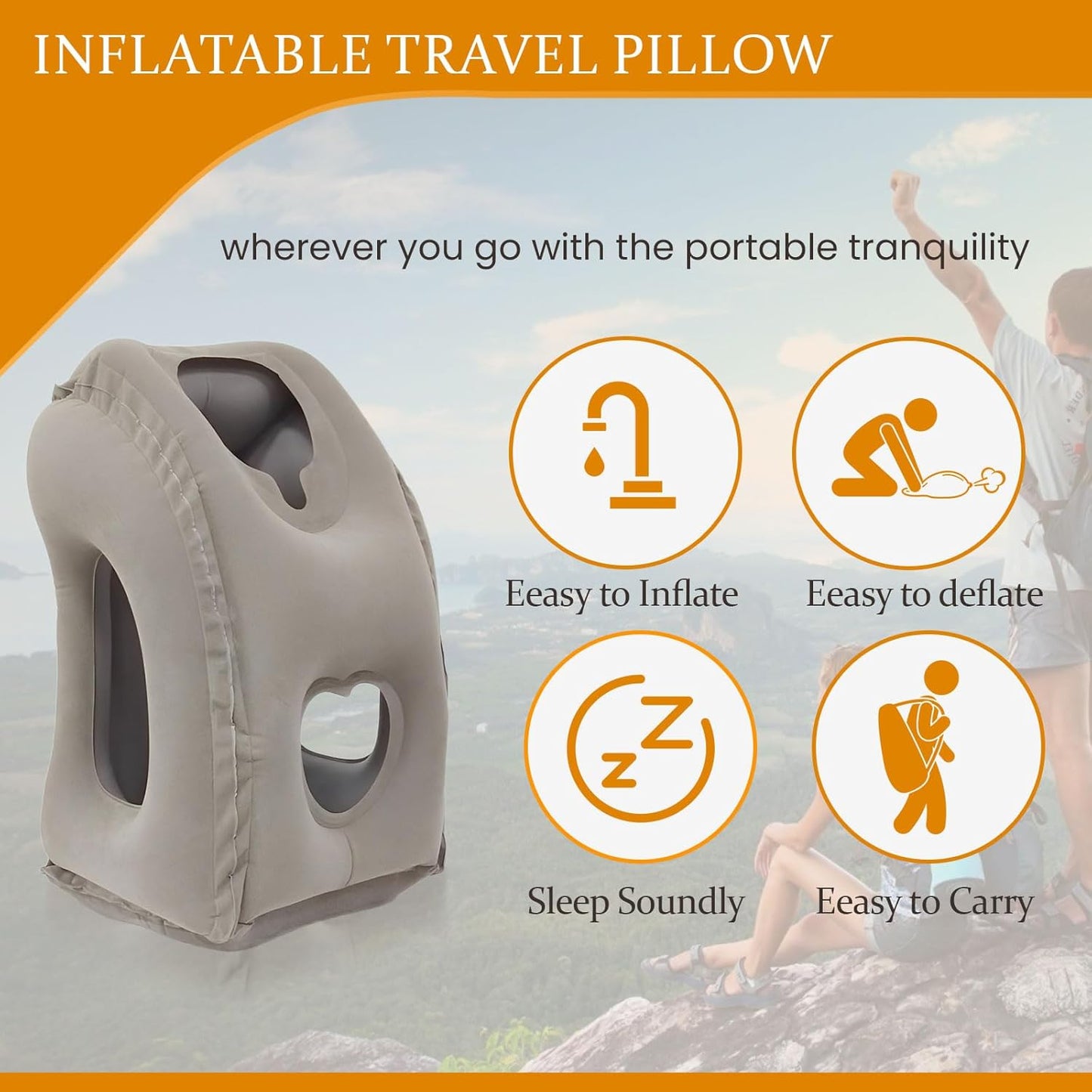 Inflatable Travel Pillows for Airplanes, Blow Up Travel Pillow for Train Office Car with Chin and Neck Support, Inflatable Travel Pillow for Sleep Support with Eye Mask, Bag & Earplugs_Gray