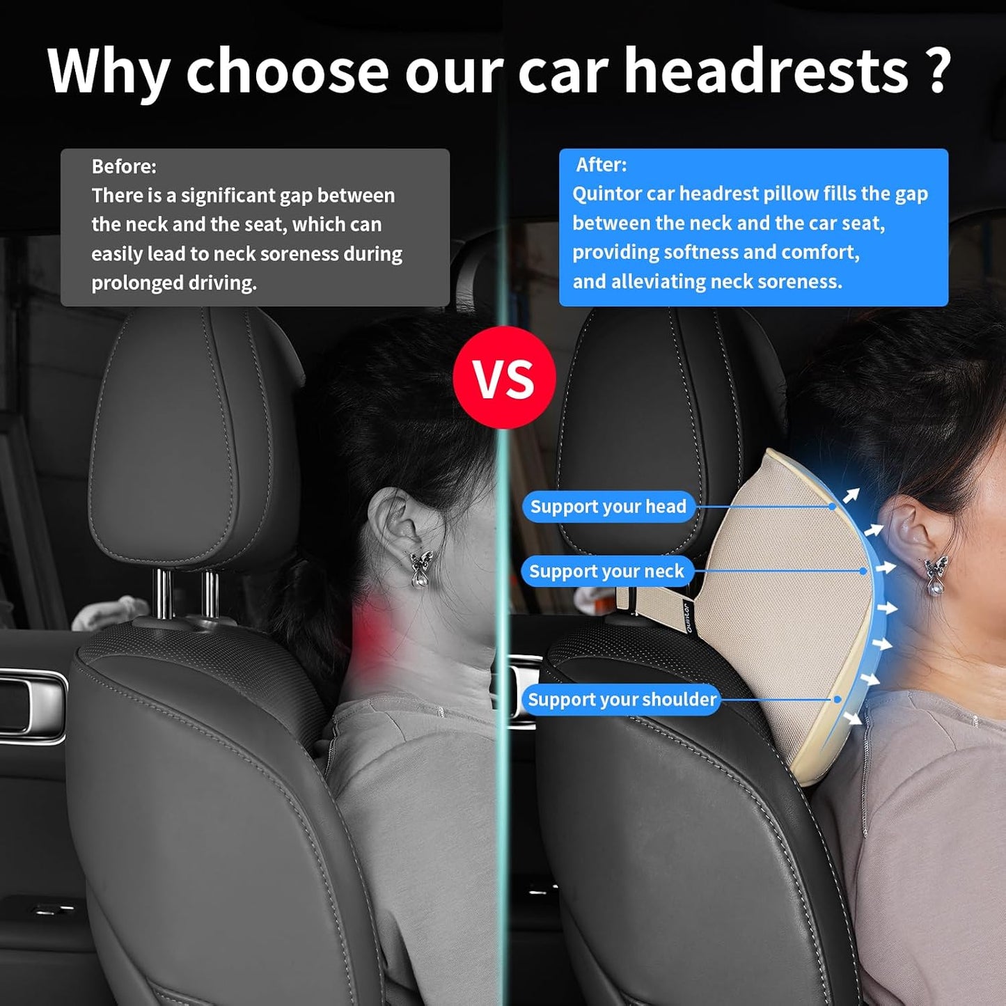 Quintor Genuine Leather Car Neck Pillow,Memory Foam Headrest Cushion, Ergonomic Cervical Support for Tesla Model 3/Y/X, Lexus, BMW- Breathable & All-Season Soft (2 PC)