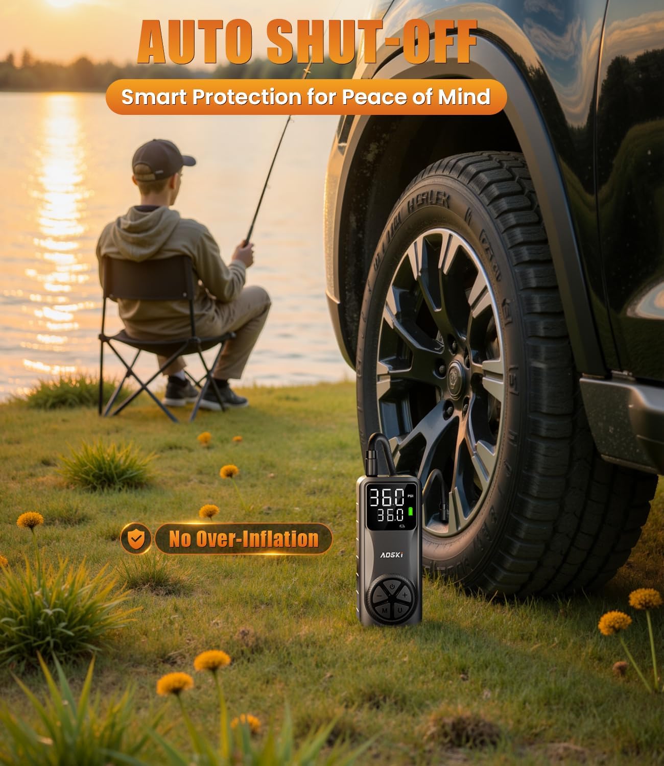 Tire Inflator Portable Air Compressor: Versatile Nozzles & 150PSI Fast Inflation Air Pump for Car Moto Bike Ball - One-Button Control - Senior-Friendly Solution for Elderly Drivers