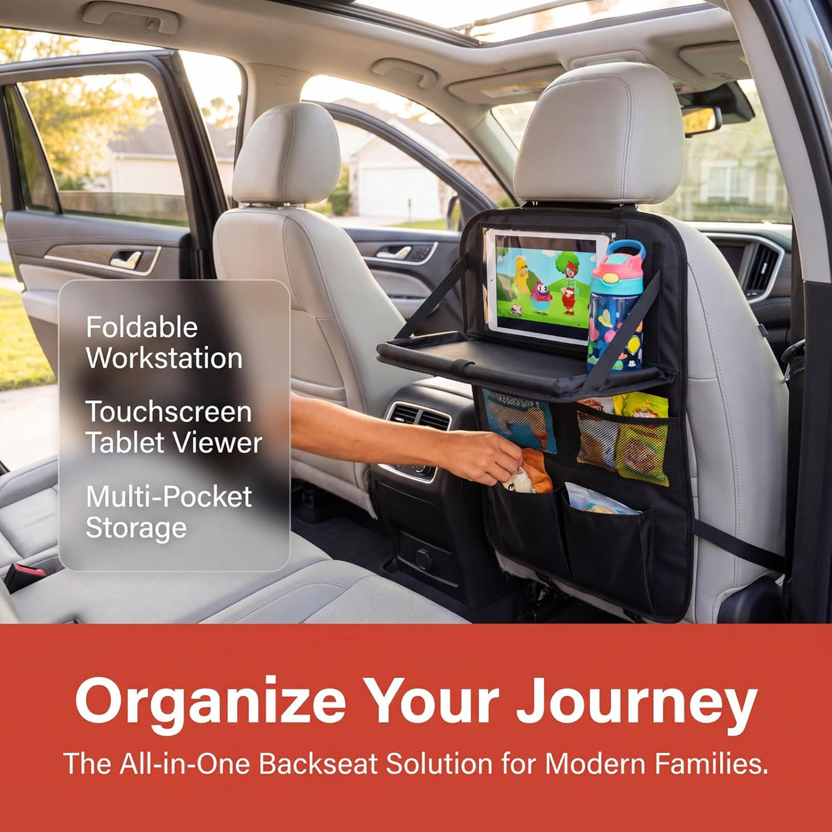 Car Backseat Organizer 1-Pack with Tablet & Storage Tray, Waterproof 600D Oxford Fabric Seat Back Protector, Kick Mats, Adjustable Straps Fit Most Vehicles, Road Trip Essentials for Kids