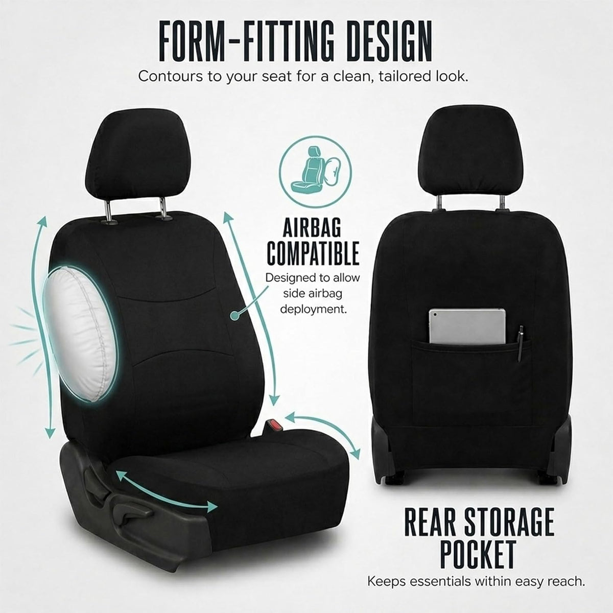 FH Group Full Set Cloth Car Seat Covers, Universal Fit Front and Split Bench Rear, Airbag Compatible, Washable for SUV, Sedan, Van - Black