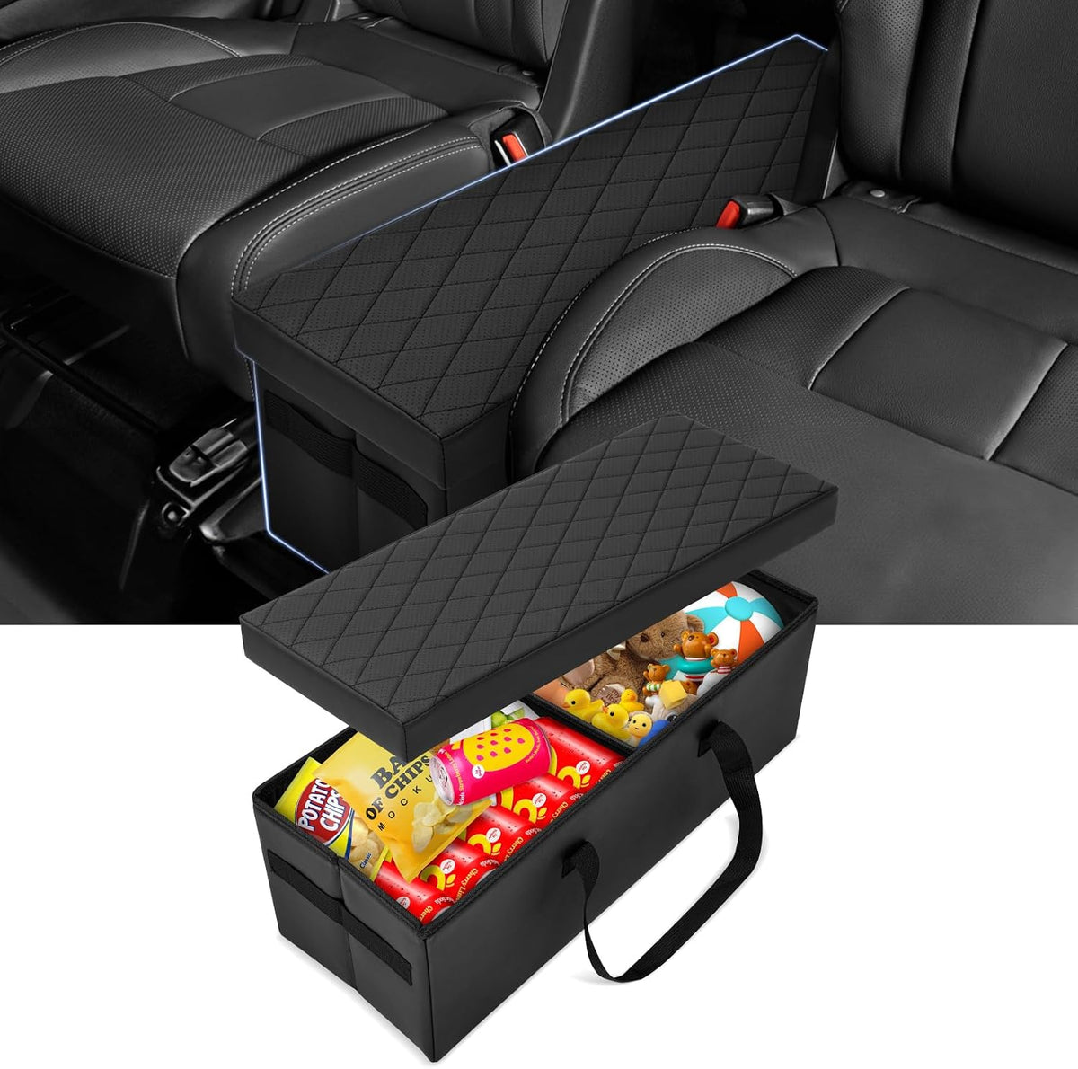 Autorder Car Seat Organizer for 2017-2025 2026 Chrysler Pacifica Accessories Portable Backseat Organizer with Lid Handles Multipurpose Car Floor Storage for Kids Toys Baby Products Daily Necessities