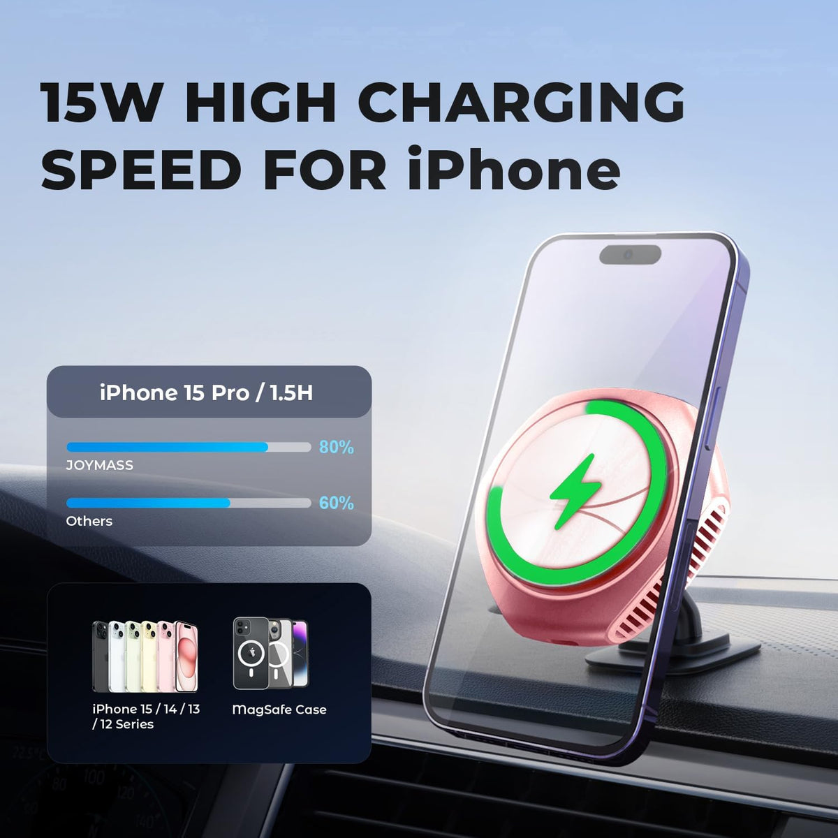 JOYMASS for MagSafe Car Mount Charger, 15W Fast Charging Magnetic Wireless Car Charger Phone Holder Mount Fits iPhone 15 Pro Max Plus 14 13 12 Mini MagSafe Case - Pink