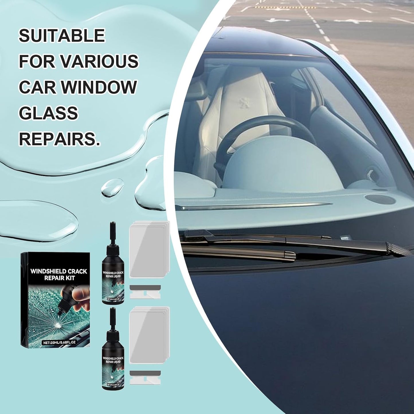 2 Pack Windshield Chip Repair Kit, Glass Repair Liquid for Cracks | Windshield Crack Repair Kit for Fix Car Windows, Rearview Mirrors and Glass, 20ML Cracked Windshield Repair Kit