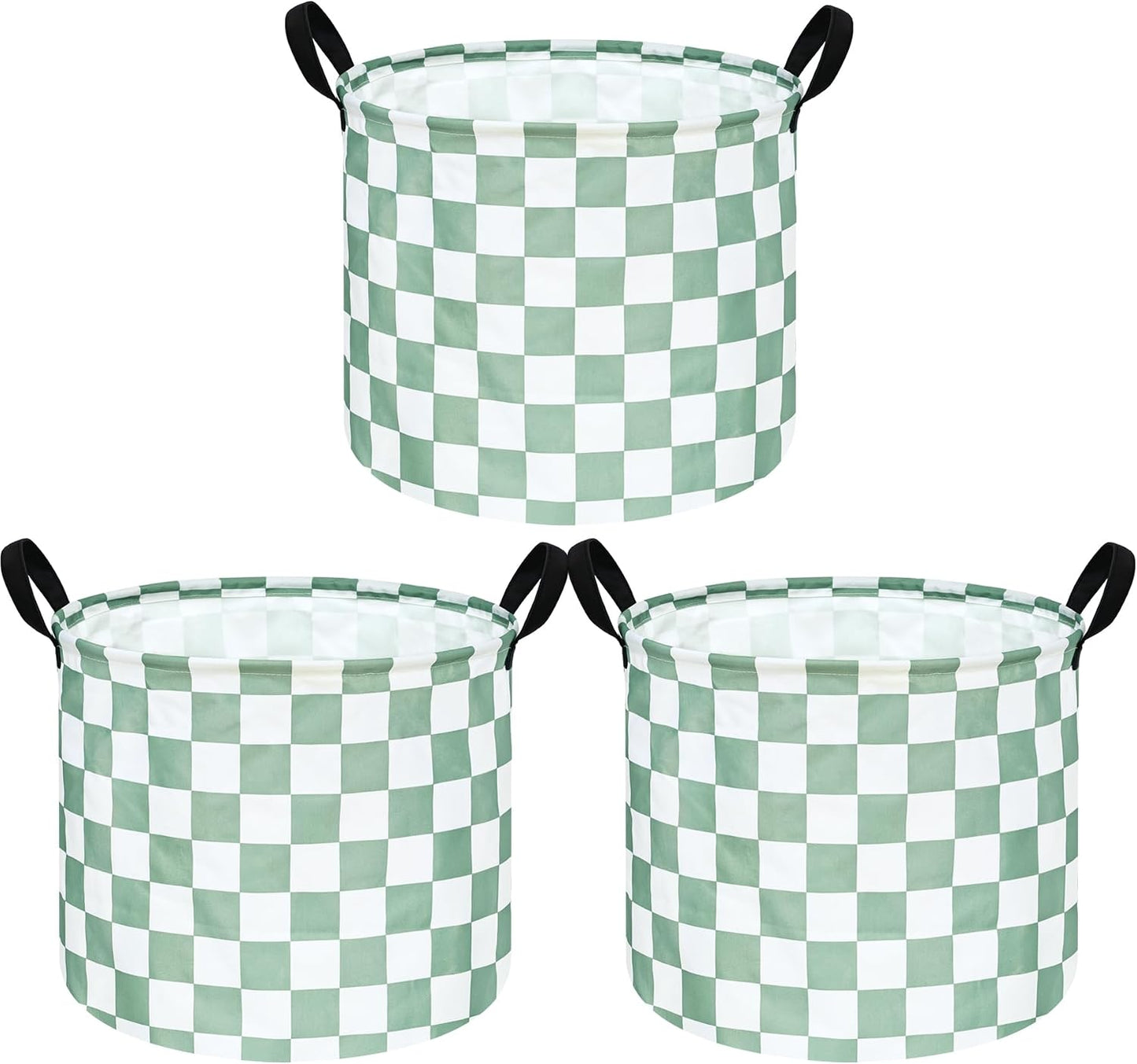 MAIZMZ 3 Pack Sage Checkered Storage Baskets Kids Hamper, 15.7"D x13.3"H, Waterproof Lining, Leather Handles, Collapsible for Laundry, Toys, Clothes, Gift Set
