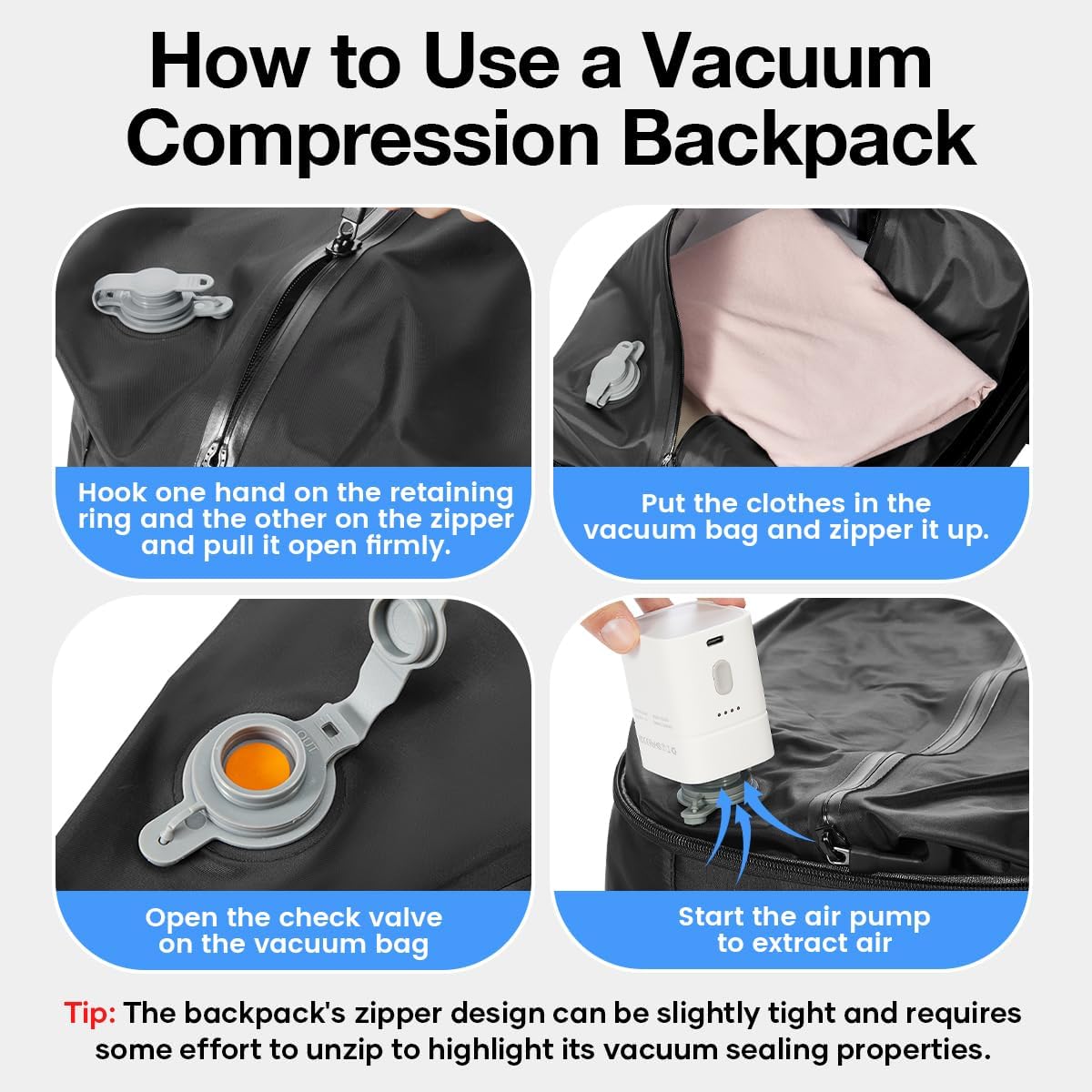 Vacuum Seal Backpack for Travel with Air Pump Waterproof Laptop Carry On Backpack Personal item Travel Essentials Compression Space Saver Bags Storage with Vacuum System Black