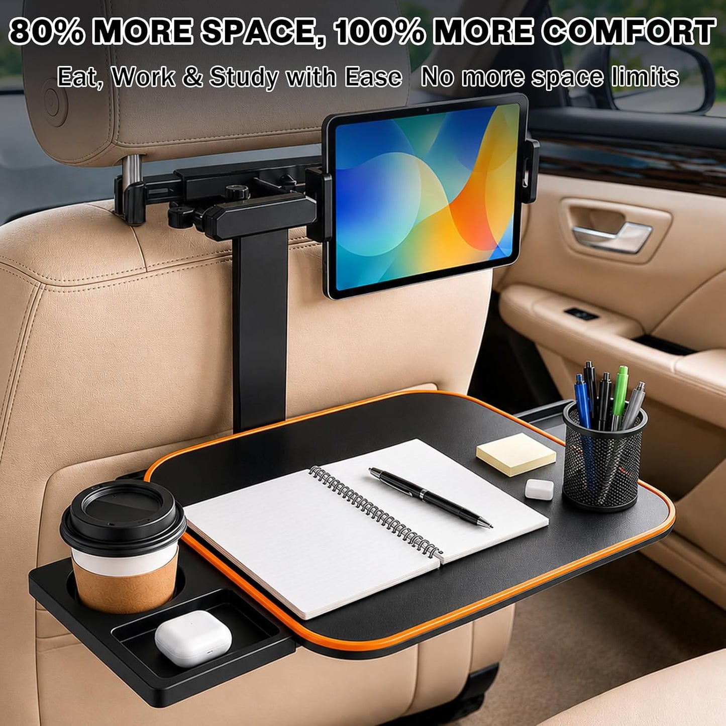 Large Car Tray Table for Back Seat, Foldable Car Desk for Laptop with Adjustable Height, Hidden Cup Holder & Phone Holder, Heavy Duty Travel Food Tray for Eating Working Road Trips (Orange)