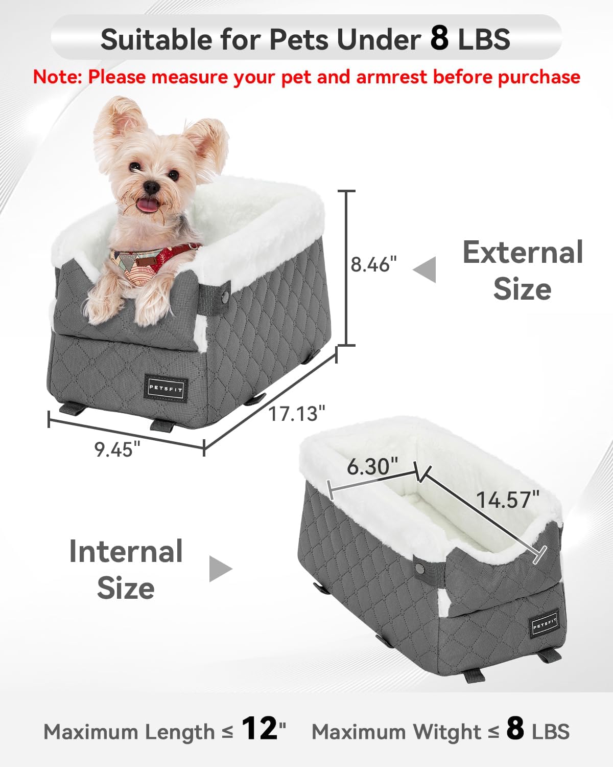 PETSFIT Center Console Dog Car Seat with Safe Protection Hooks, Pet Car Seat with Upgraded Safety Tethers, Washable Cushion, Console Dog Car Seats for Small Dogs Up to 8 Lbs (Grey)