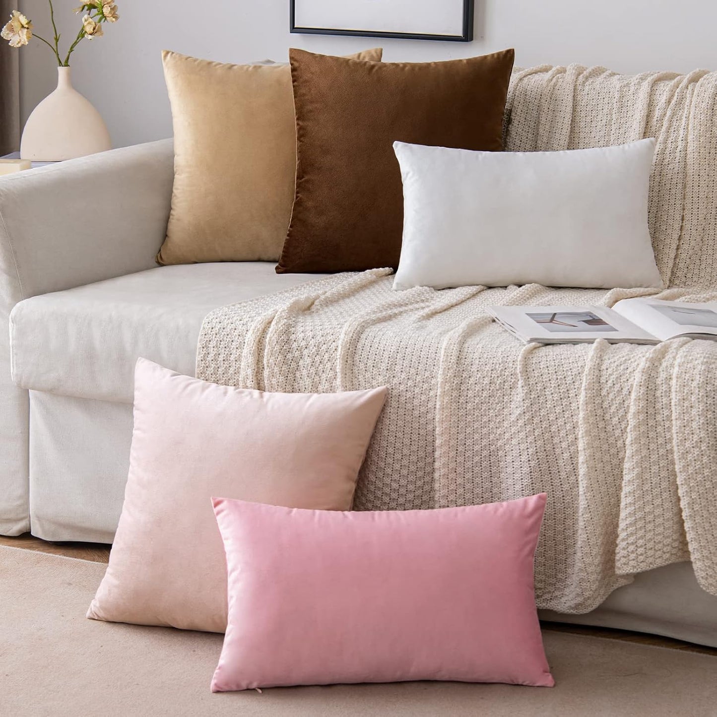 EMEMA Pack of 2 Velvet Pillow Covers Decorative Square Pillowcase Soft Solid Cushion Case for Sofa Bedroom Car 16x16 Inch Bright Pink