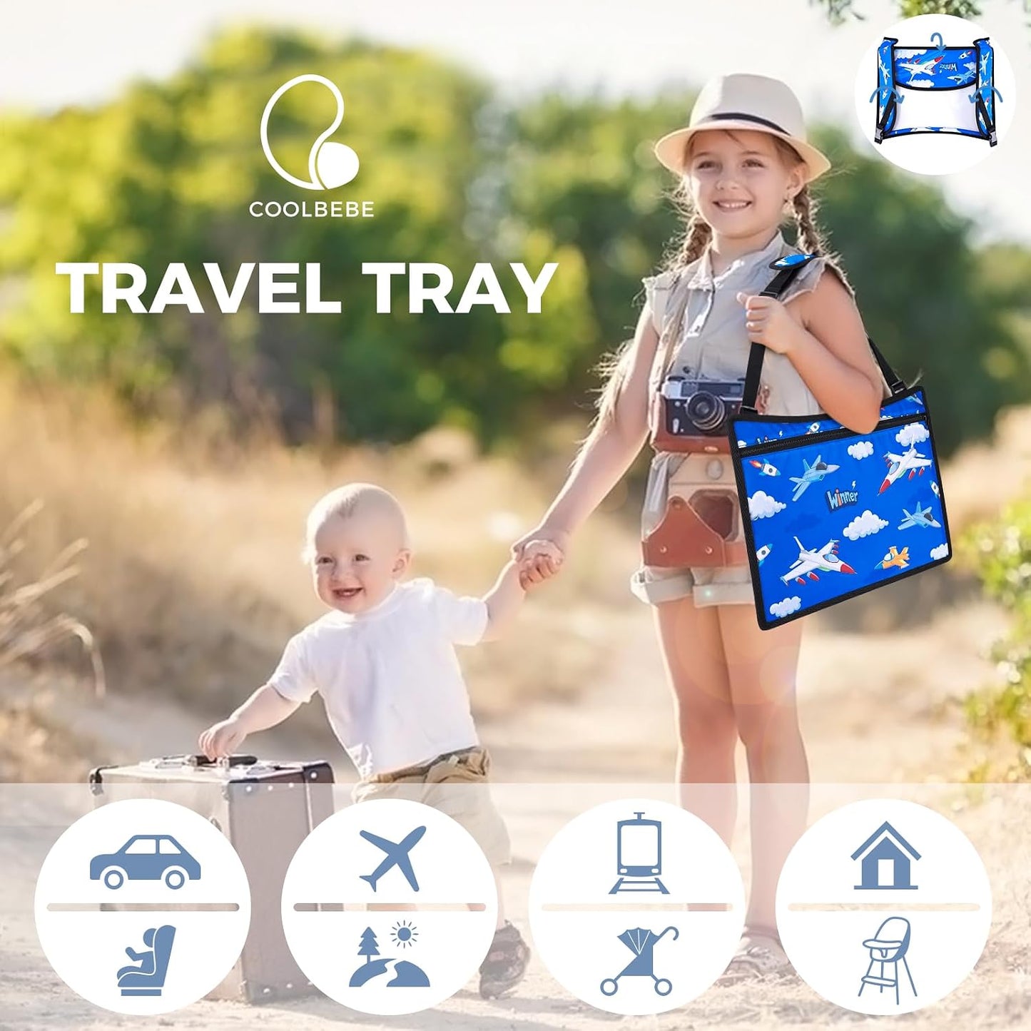 COOLBEBE Kids Travel Tray for Toddler Car Seat, Travel Tray for Airplane, Toddler Car Seat Lap Tray, Carseat Table Tray for Kids Travel Activities (Blue Plane)