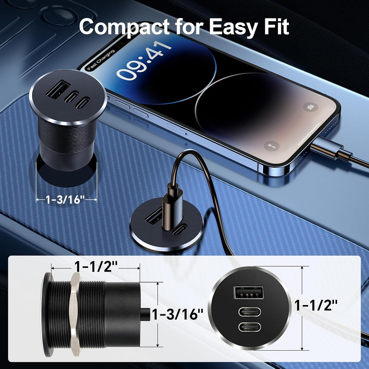 78W 12V USB Outlet with Silver Ring, Aluminum Car USB C Socket