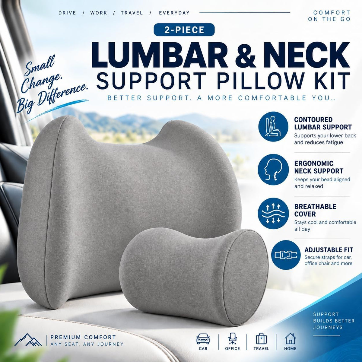 Lumbar & Neck Support Pillow Kit - Gray - Back & Neck Support Pillow for Car & Office Chair - Memory Foam Pillow - Ergonomic Pillow for Neck & Back Pain Relief