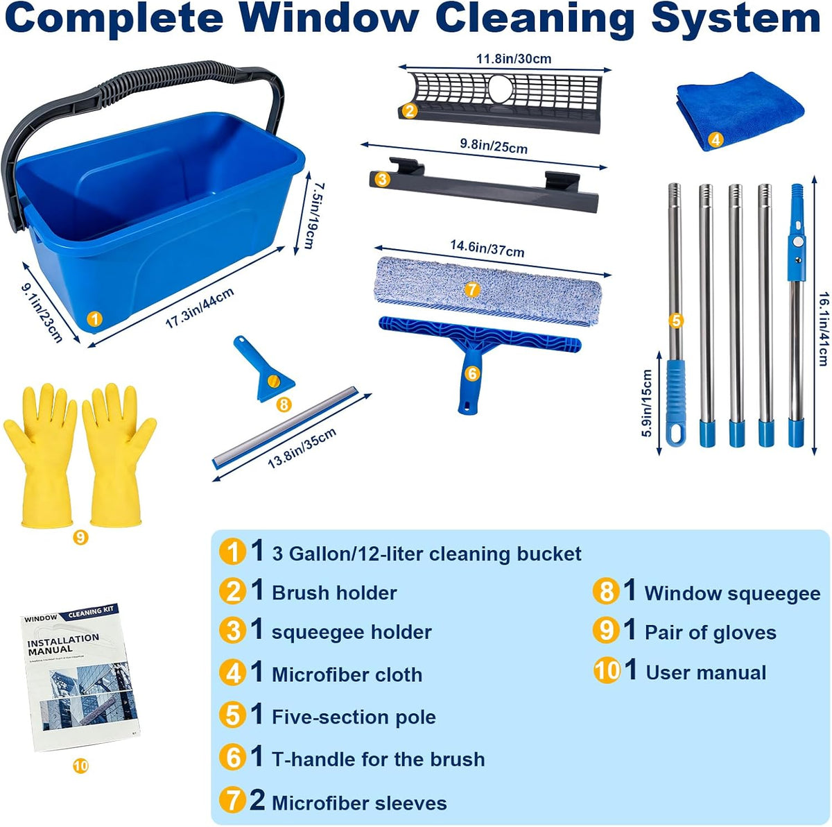 Window Cleaning Kit with Bucket 3 Gallon for Home, Car &RV, Blue