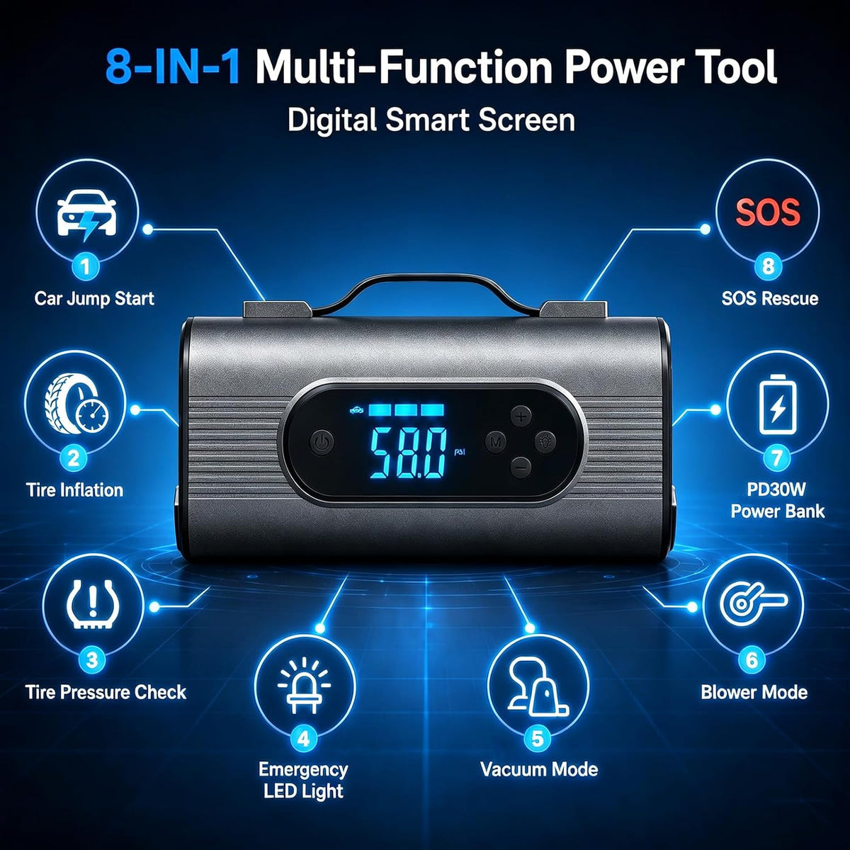 2000A Car Battery Jump Starter with Air Compressor, 150 PSI Tire Inflator