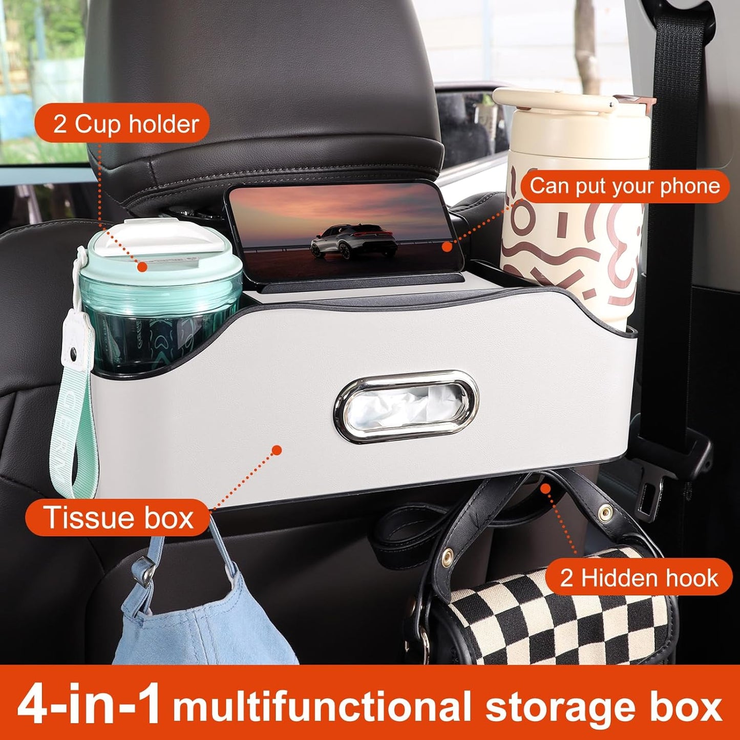 Back Seat Cup Holder for Car – Multifunctional Seat Back Organizer with Drink Holders, Tissue Box Storage & Hooks, Fits Headrest for Auto. (White)