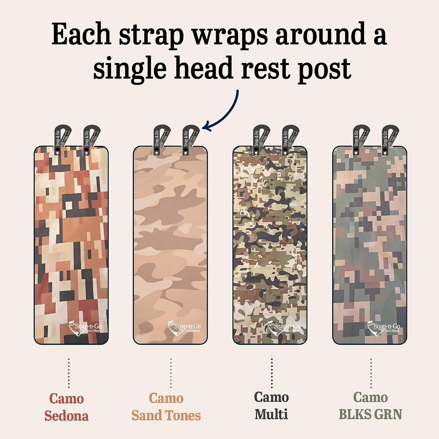 Camo Car Seat Towel Cover for Outdoor Hiking Hunting Pets | Snap-n-Go Seat Sheet® Universal Fit on headrest posts, Washable, Quick-Dry Sweat Protector for Truck SUV Car Interior Protection, Camo Multi