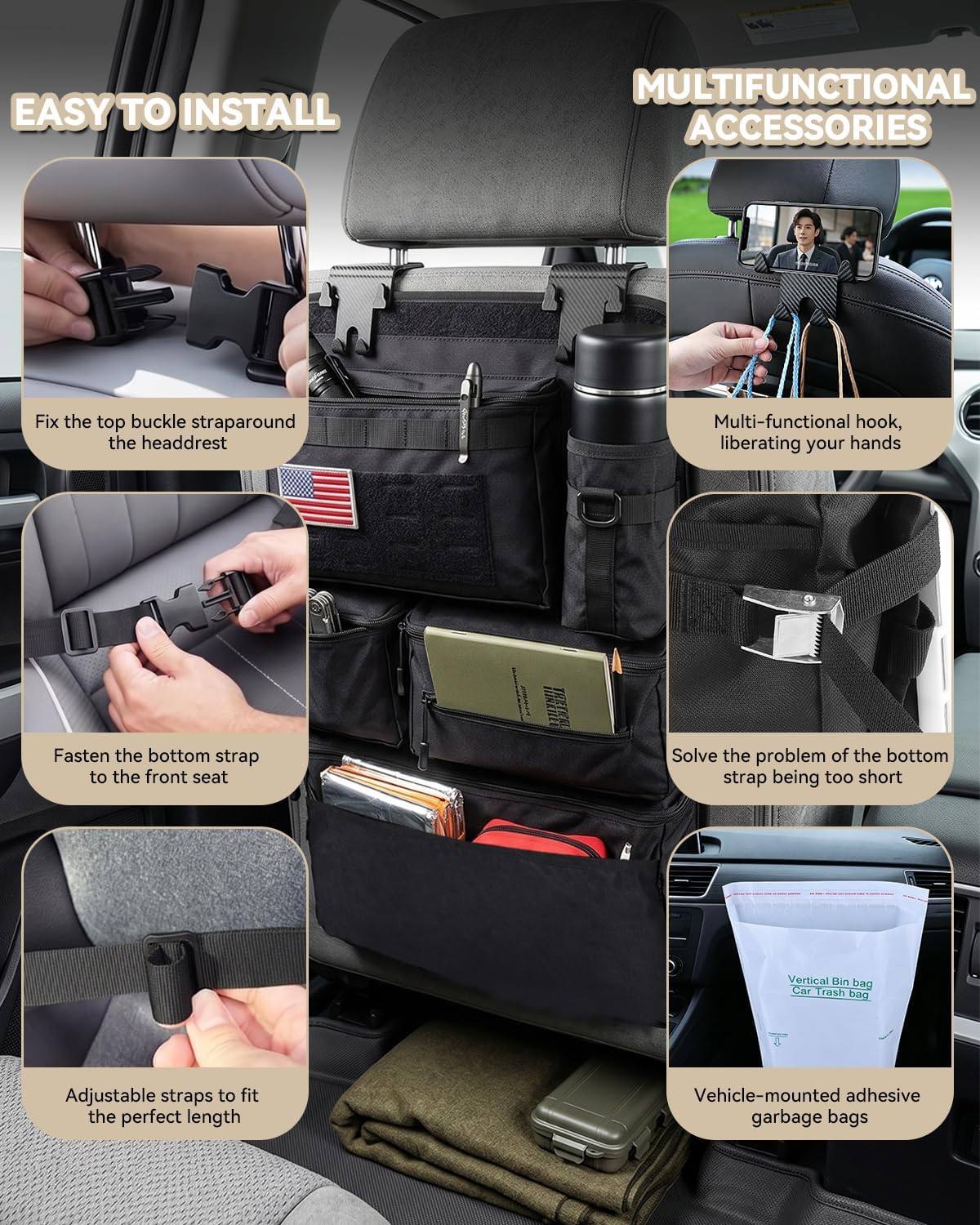 Tactical Car Seat Back Organizer Kit, MOLLE Vehicle Seat Organizer with Storage Panel, Strap, Hooks & Trash Bags, Universal Car Accessories for Truck SUV Jeep Interior Storage Organizer