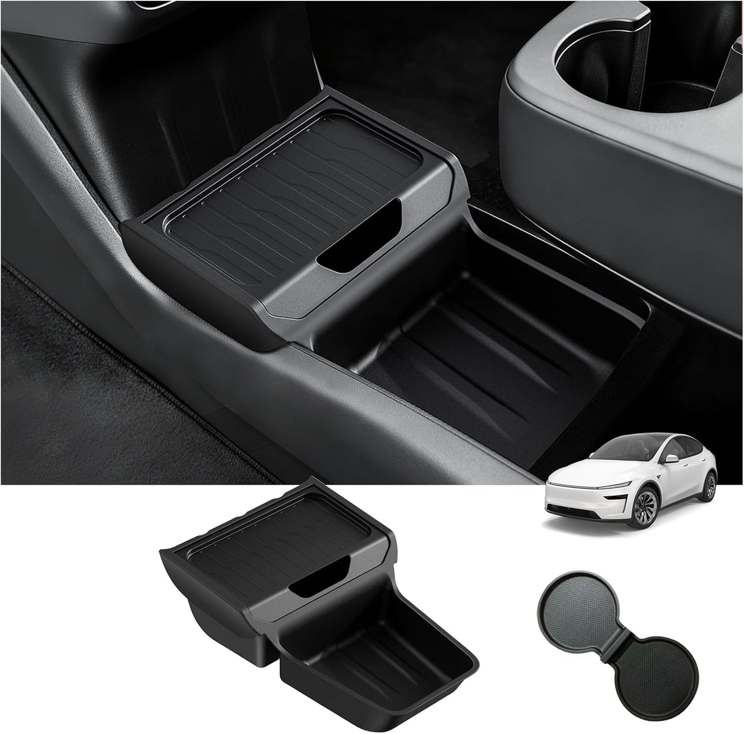 Center Console Organizer with Cup Holder for Tesla Model Y Juniper Standard Version 2025+,Insert Tray with Easy-Open Lid, Dual-Layer with Quick Access & Deep Storage, Easy Install & Removable