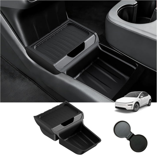Center Console Organizer with Cup Holder for Tesla Model Y Juniper Standard Version 2025+,Insert Tray with Easy-Open Lid, Dual-Layer with Quick Access & Deep Storage, Easy Install & Removable