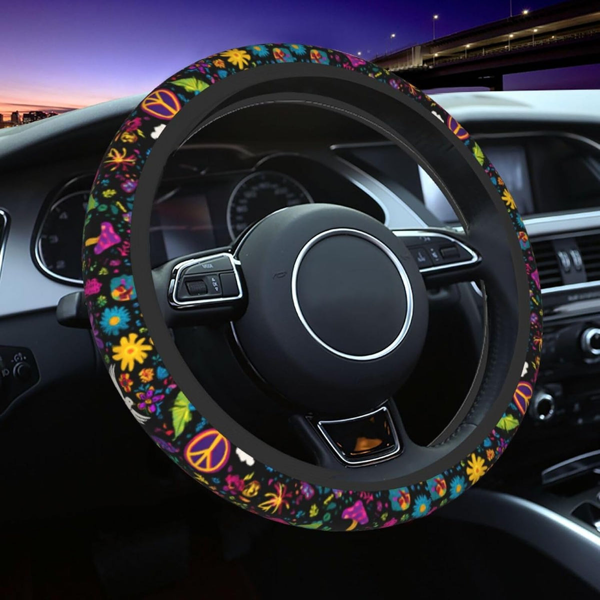 Retro Flower Peace Rainbow Love Steering Wheel Cover Elastic Non-Slip Car Steering Wheel Covers with Seat Belt Shoulder Pad for Women Men