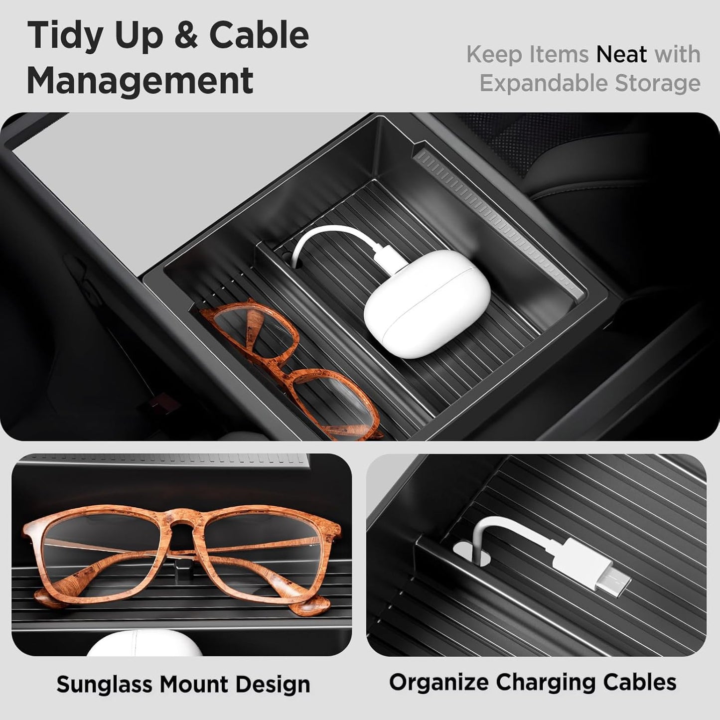 8PCS Center Console Organizer for Tesla Model Y Juniper Accessories 2026 2025 & for Tesla Model 3 Accessories 2024-2026 [Slide Smoothly & US Patent] Charging Pad Sunglasses Cup Holder Black