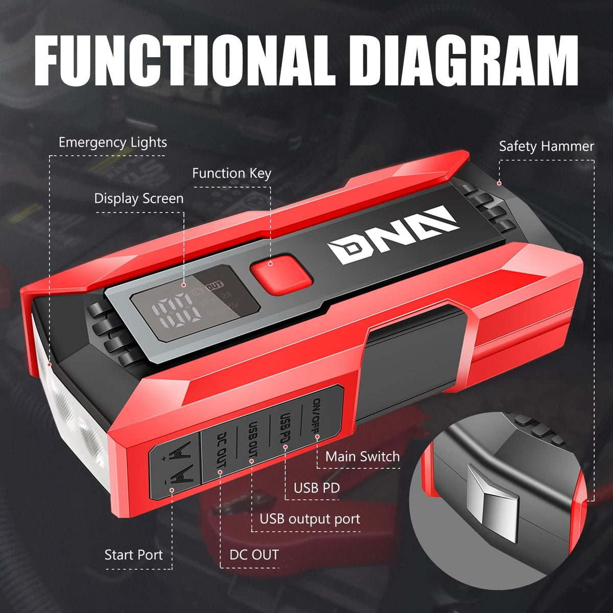 DNA Motoring 12V 2000A Peak Multi-Function Portable Car Battery Jump Starter for Up to 8.0L Gas / 6.3L Diesel Engine, with Carry Case,TOOLS-00275
