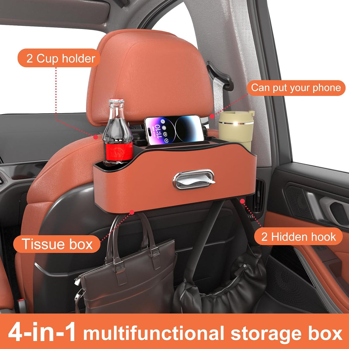 Back Seat Cup Holder for Car – Multifunctional Seat Back Organizer with Drink Holders, Tissue Box Storage & Hooks, Fits Headrest for Auto. (Orange)