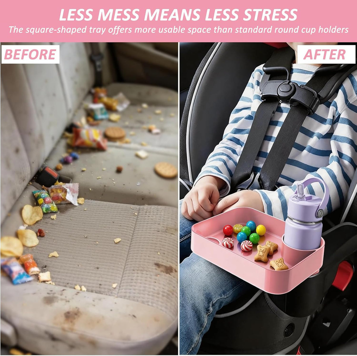 Car Seat Snack Tray for Toddlers, Reduces Mess Square Travel Tray Cup Holder Snack Tray, Durable Car Food Tray for Kids, Universal Fit Kids Travel Road Trip Essentials(Pink)