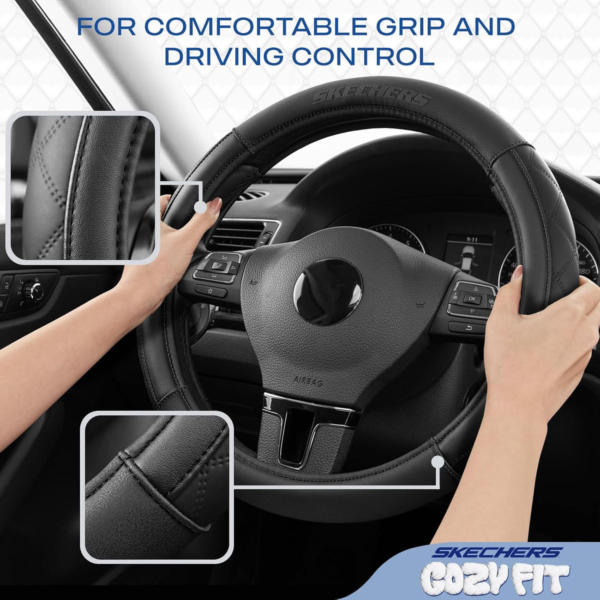 Skechers Steering Wheel Cover Memory Foam, Leather Steering Wheel Covers,Universal Anti-Slip Fit 14" 1/2-15" Car Wheel Cover for Car Decor Gifts Fit Suvs,Vans,Sedans,Car,Trucks,Black