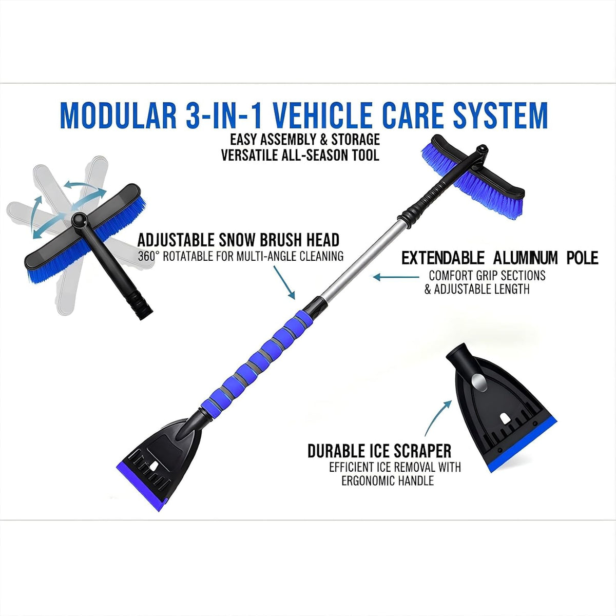 Snow Brush and Ice Scrapers for Car Windshield, 360° Pivoting Brush Head Detachable Snow Scrapers with Ergonomic Foam Grip;36inch Extendable Snow Brushs for SUV and truck SUV,Blue,Car Accessories
