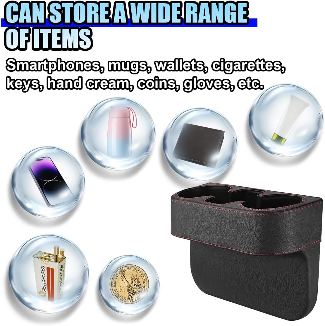 ZIMISI Car Cup Holder, Leather Front Console Gap Filler Organizer (Black) | Car Seat Gap Filler Storage Box, Multifunctional Car Cup Drink Holder, Coin Bucket, Cell Mobile Phone Holder